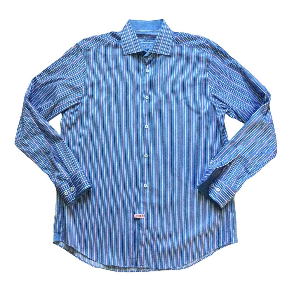 Bugatchi Uomo Mens Shirt size 17 42 Blue Multi Striped Long Sleeve Cotton Dress